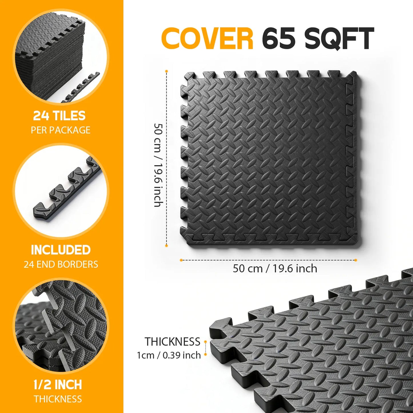Puzzle Exercise Mat ½ In, EVA Interlocking Foam Floor Tiles for Home Gym, Mat for Home Workout Equipment, Floor Padding for Kidds, Black, 20 in X 20 in X ½ In, 6/12/24 Tiles
