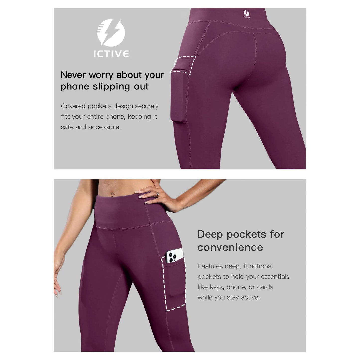 ICTIVE High Rise Leggings for Women, Tight-Fit Athleisure Wear with Pockets for Womens Fitness & Yoga Workouts, Gymwear Activewear, Gym Yoga Clothing