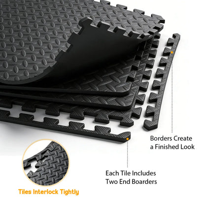 Puzzle Exercise Mat ½ In, EVA Interlocking Foam Floor Tiles for Home Gym, Mat for Home Workout Equipment, Floor Padding for Kidds, Black, 20 in X 20 in X ½ In, 6/12/24 Tiles