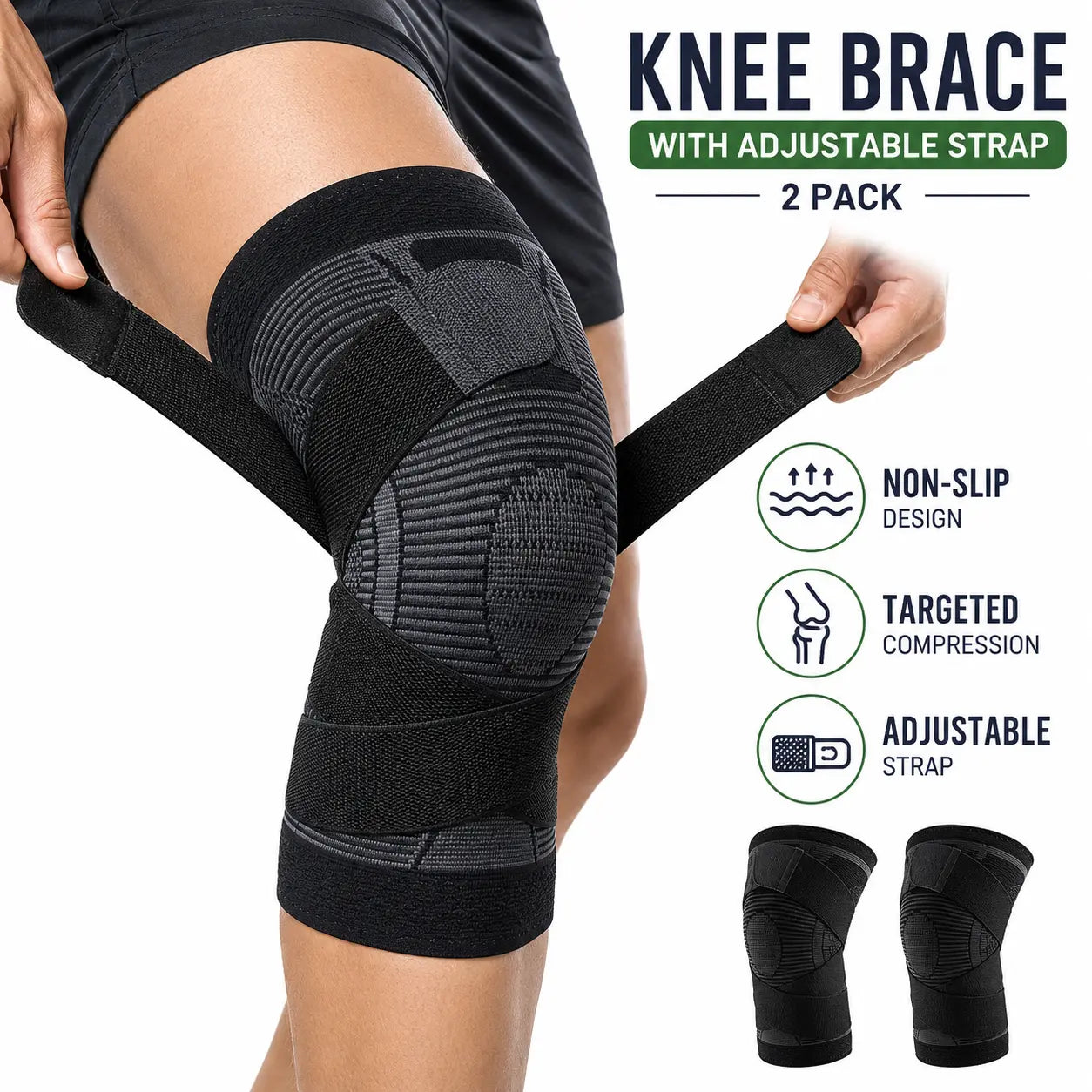 Knee Brace with Adjustable Strap (2 Pack) - Compression Knee Sleeve for Men and Women, Joint Support for Arthritis, ACL & Knee Pain Relief