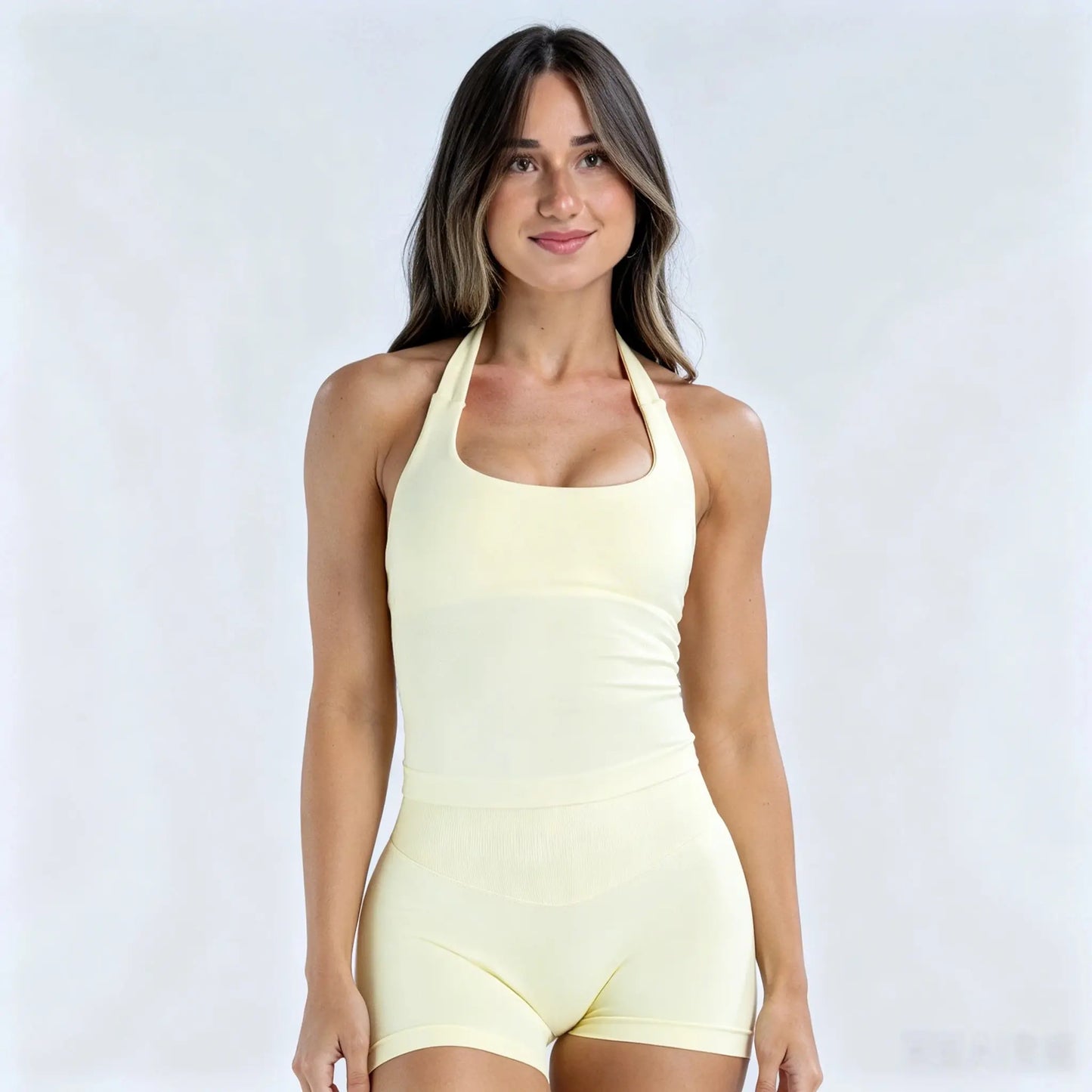 Women'S Seamless 2-Piece Set, Sculpting Halter Tank Tops with Built-In Bra and High-Rise Shorts for Female Training & Gym, Activewear Running Outfits, Athletic Stretchable, Halter Neck, Steady Firm Support