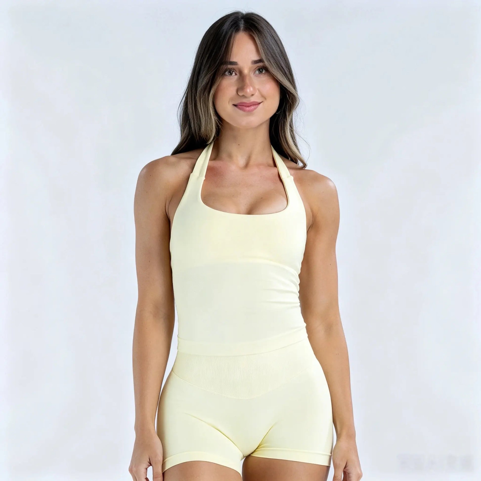 Women'S Seamless 2-Piece Set, Sculpting Halter Tank Tops with Built-In Bra and High-Rise Shorts for Female Training & Gym, Activewear Running Outfits, Athletic Stretchable, Halter Neck, Steady Firm Support