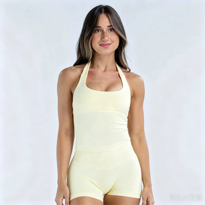 Women'S Seamless 2-Piece Set, Sculpting Halter Tank Tops with Built-In Bra and High-Rise Shorts for Female Training & Gym, Activewear Running Outfits, Athletic Stretchable, Halter Neck, Steady Firm Support